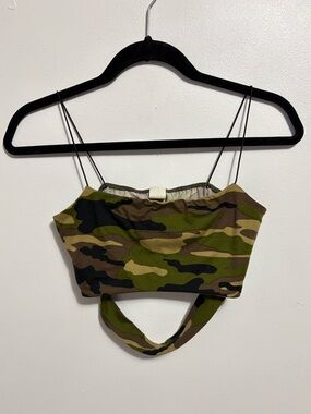 Camo Print Crop Top with Strappy Detail - Green Brown